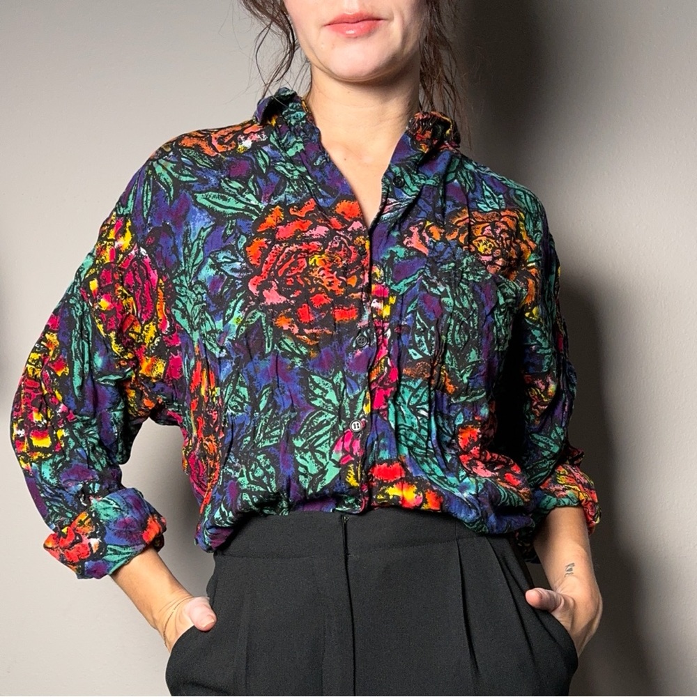 Rose Pattern Button Up Blouse - image 1